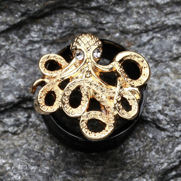 Detail View 1 of A Pair of Golden Evil Octopus Ear Gauge Tunnel Plug-Black/Clear